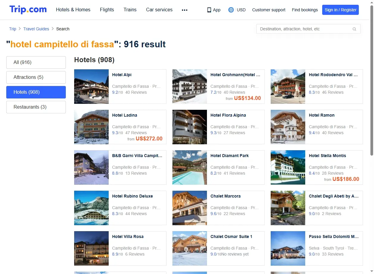 Schermata delle offerte hotel per Campitello di Fassa