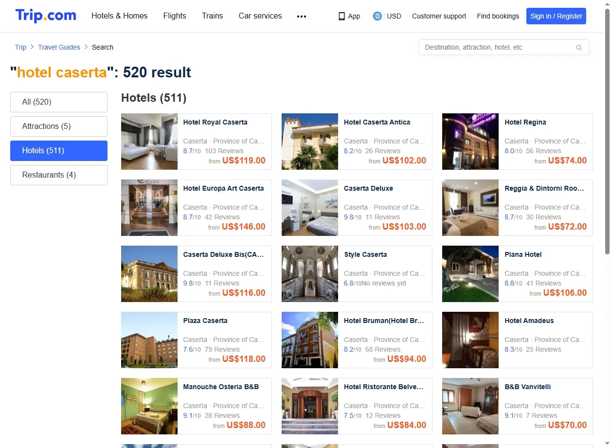 Schermata delle offerte di hotel a Caserta