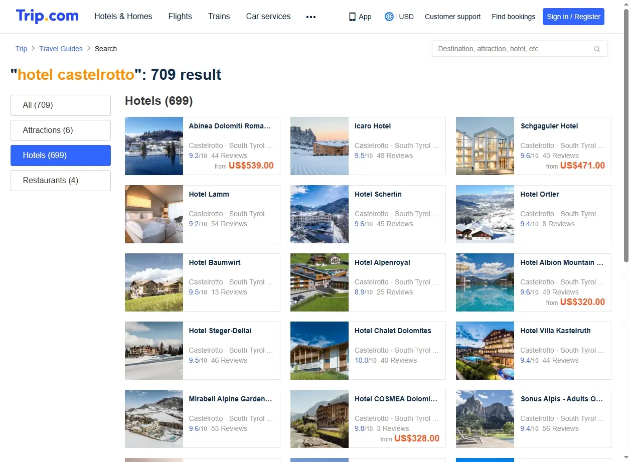 Schermata del sito che mostra offerte di hotel a Castelrotto.