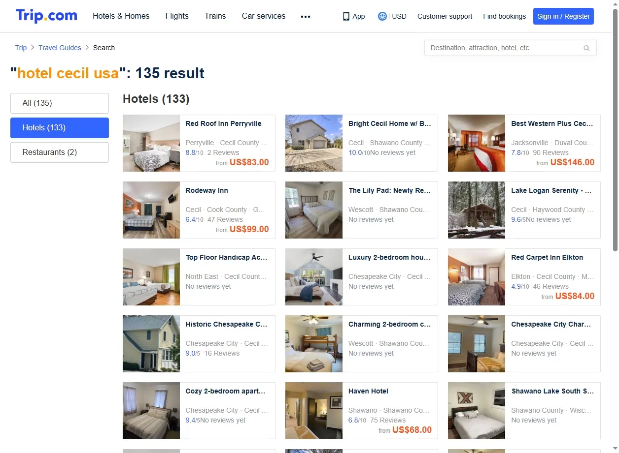 Schermata del sito web di Trip.com che mostra offerte hotel a Los Angeles