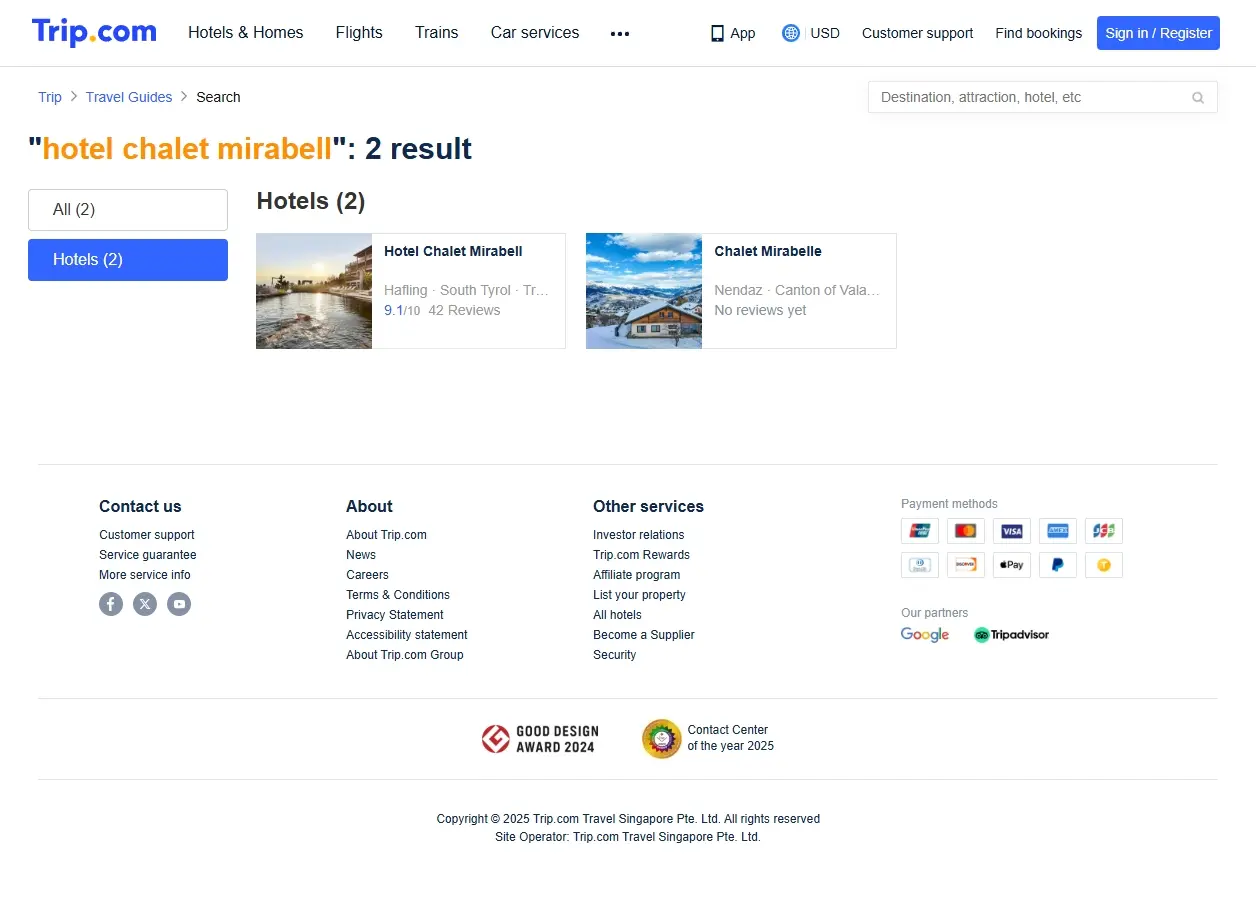 Schermata di Trip.com con offerte per Hotel Chalet Mirabell