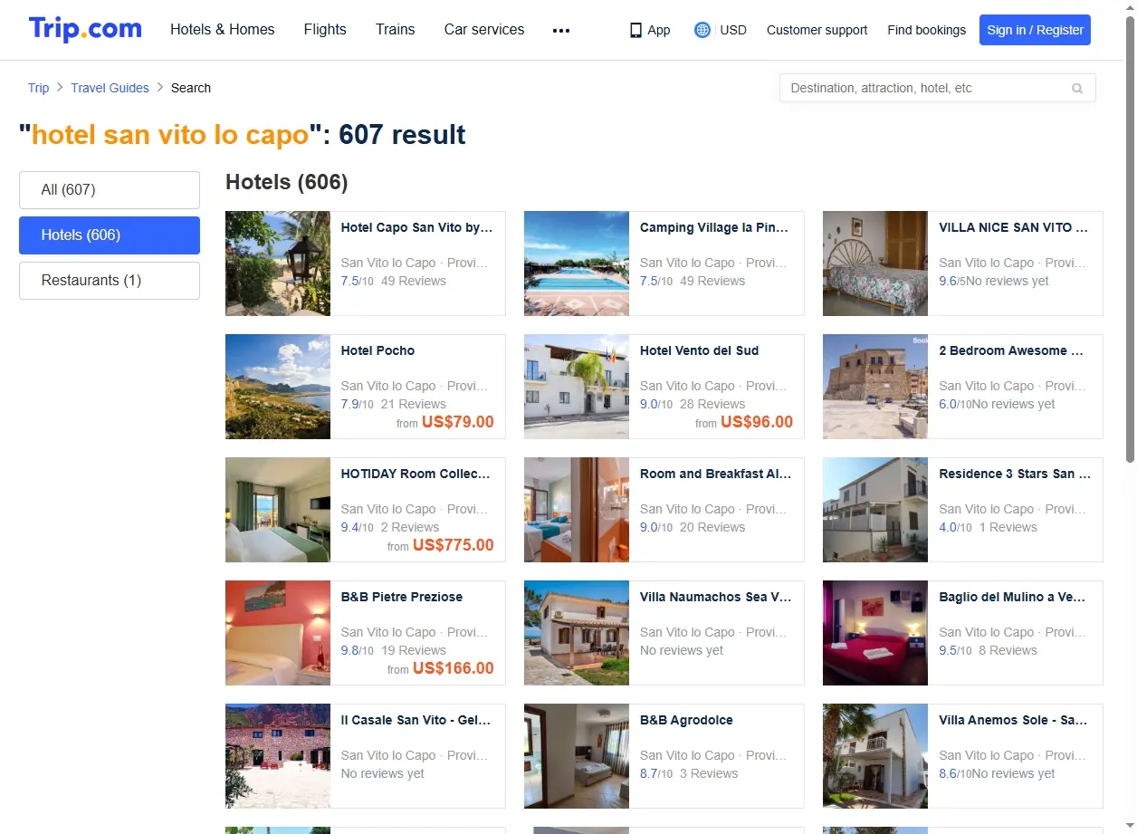 Schermata di ricerca offerte hotel san vito lo capo