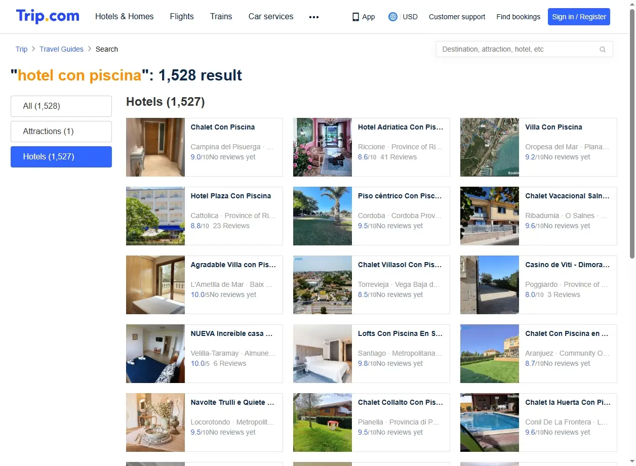Schermata di offerte per hotel con piscina su Trip.com