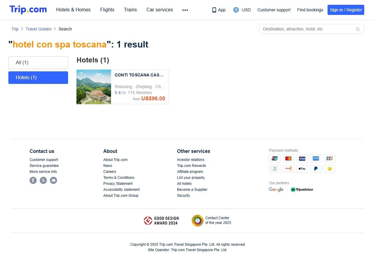 Screenshot di offerte di hotel con spa in Toscana su Trip.com