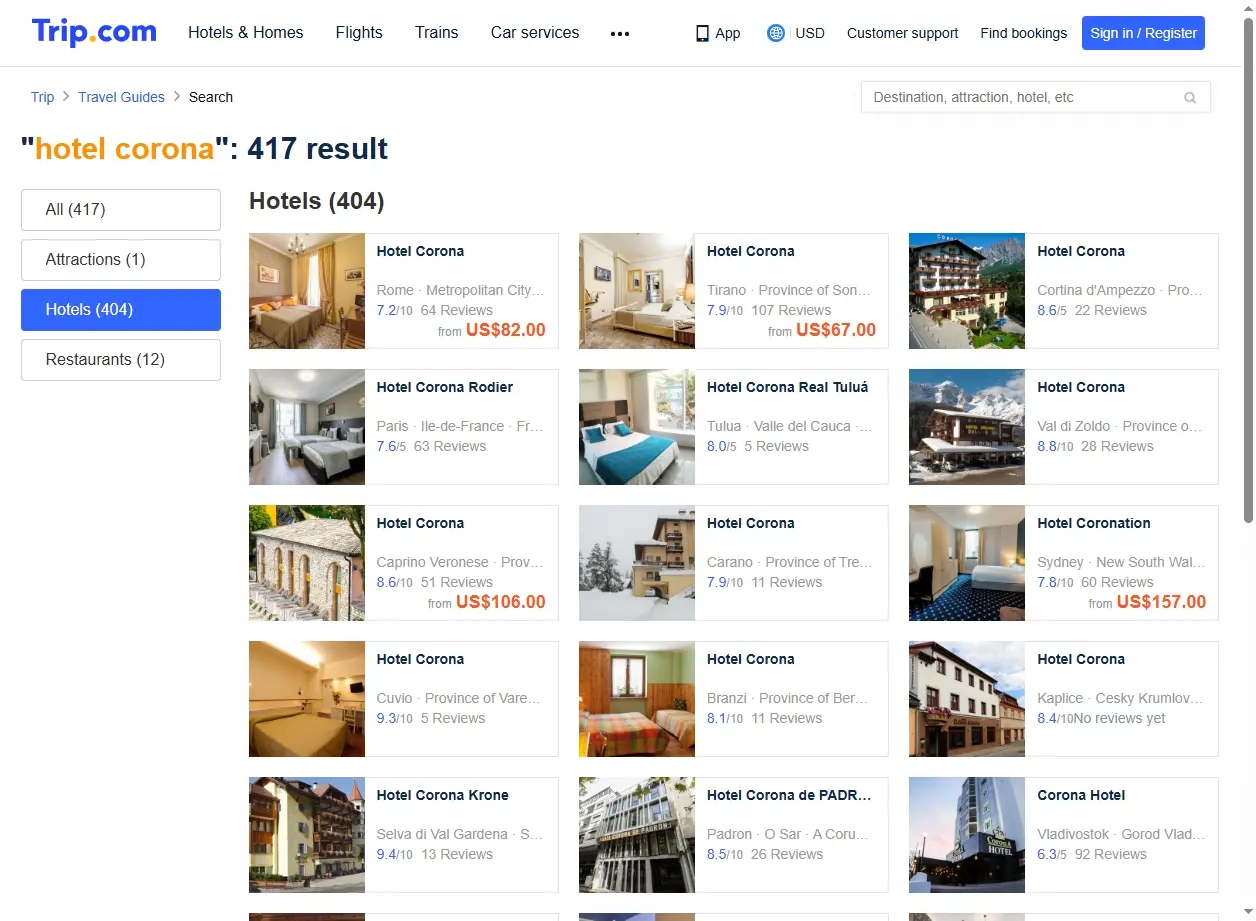 Schermata di ricerca offerte Hotel Corona in Italia