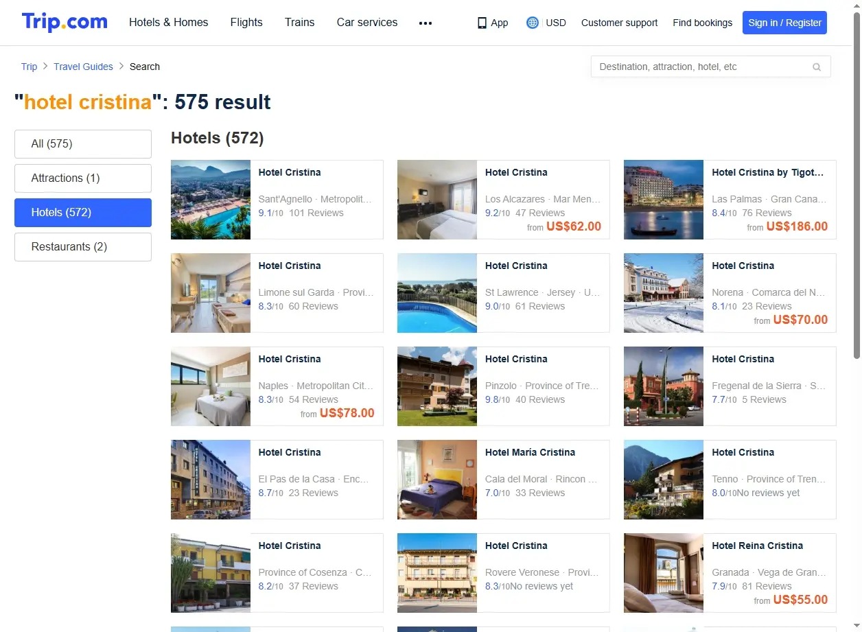 Schermata di ricerca che mostra offerte per l'Hotel Cristina su una piattaforma di prenotazione.