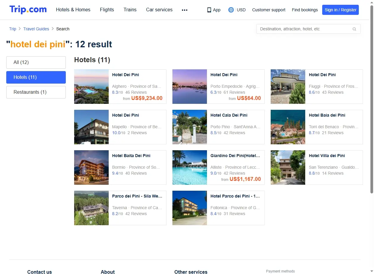Schermata delle offerte di prenotazione per Hotel dei Pini