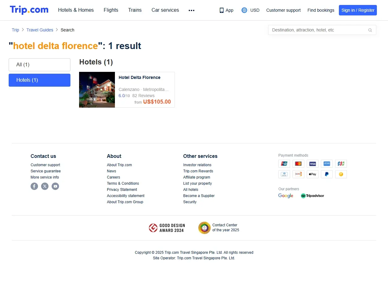 Schermata di offerte speciali per l'Hotel Delta Florence