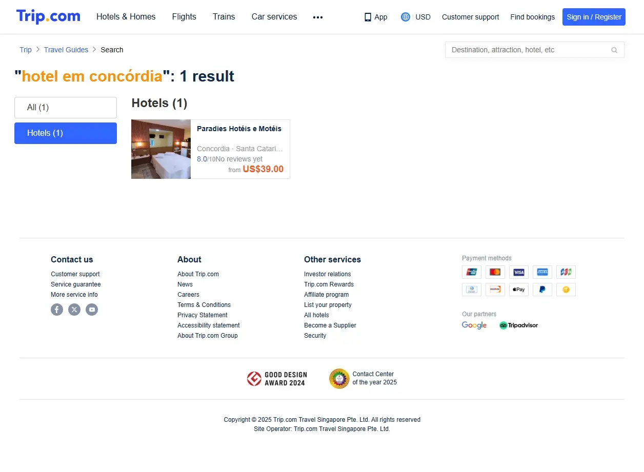 Schermata del sito web di Trip.com che mostra offerte speciali per hotel em concórdia