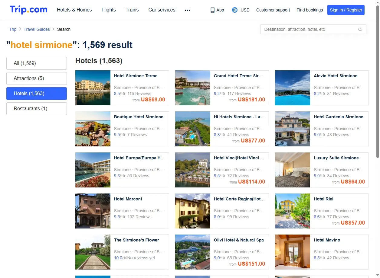 Schermata delle offerte hotel per Sirmione