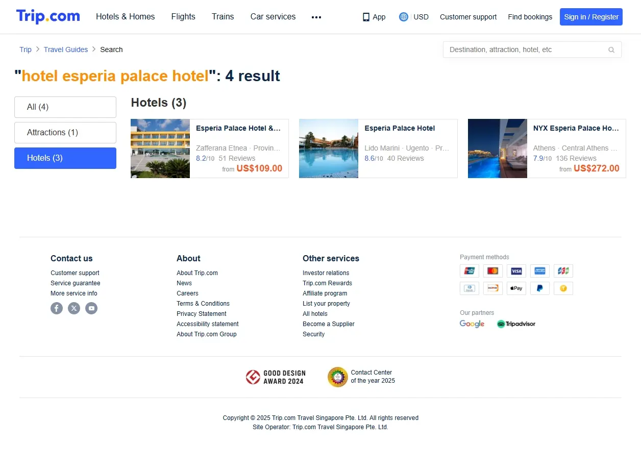 Schermata di ricerca offerte hotel esperia palace hotel
