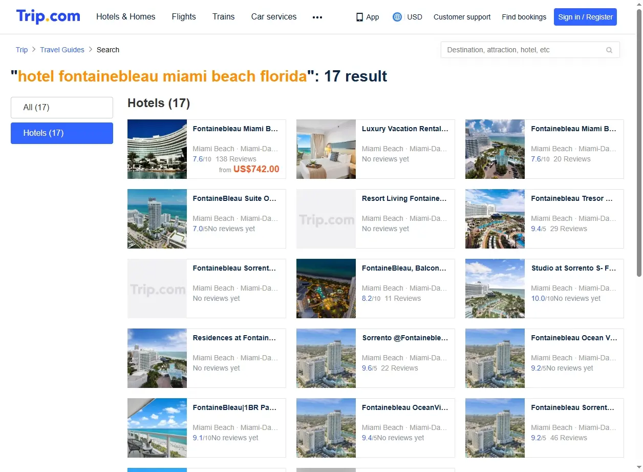 Schermata di ricerca offerte hotel Fontainebleau Miami Beach