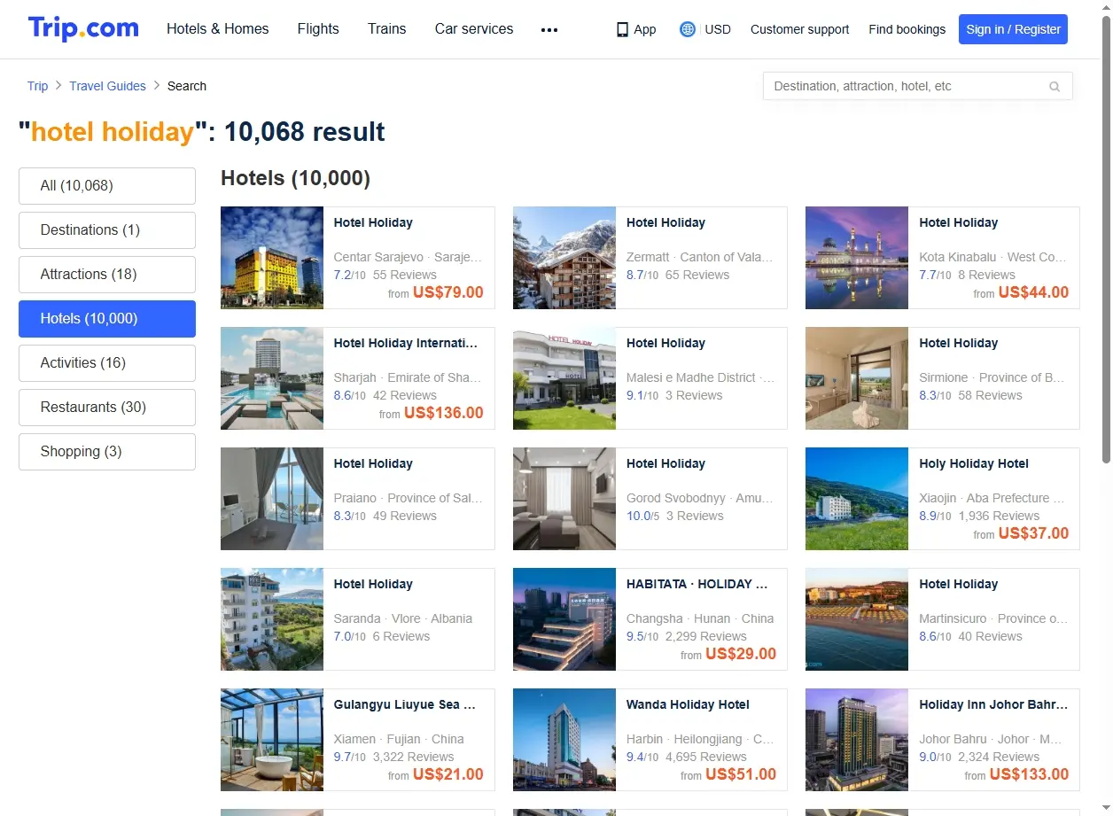 Schermata di Trip.com che mostra offerte di hotel per una vacanza.