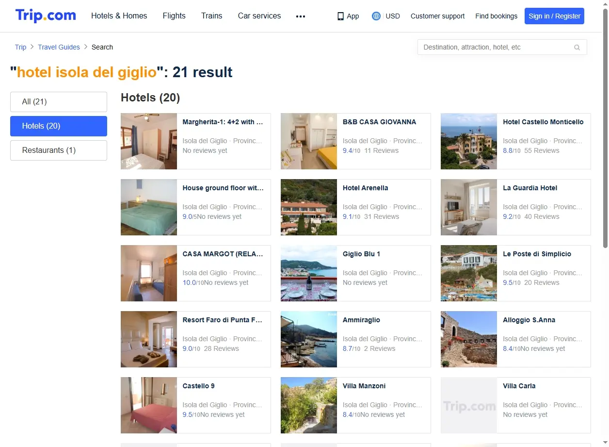 Screenshot di offerte hotel Isola del Giglio