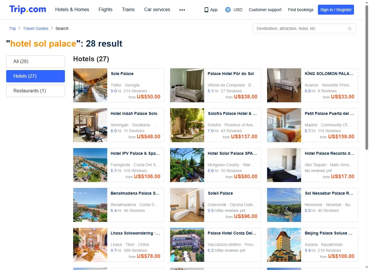 Schermata di ricerca offerte Hotel Sol Palace