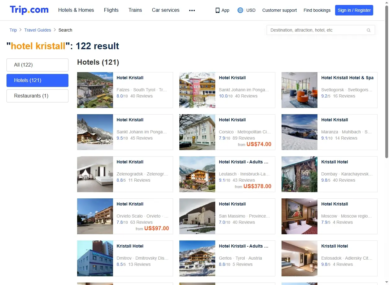 Schermata di Trip.com con offerte speciali per Hotel Kristall