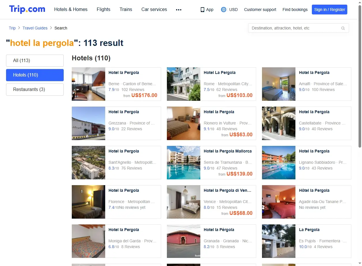 Schermata delle offerte di Trip.com per Hotel La Pergola
