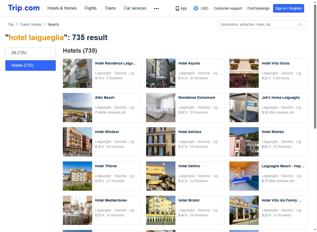 Schermata di offerte speciali hotel Laigueglia su Trip.com