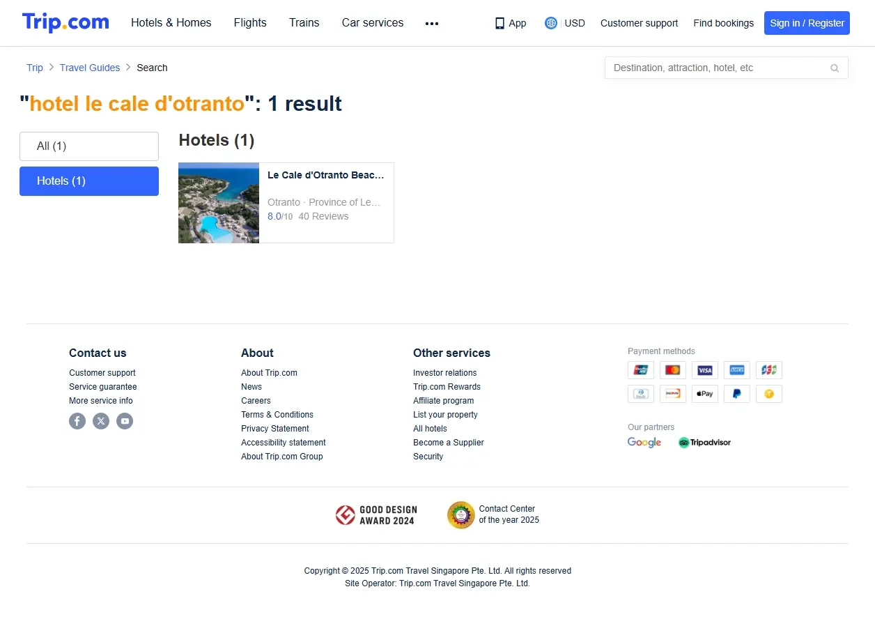 Schermata del sito web che mostra le offerte dell'Hotel Le Cale d'Otranto