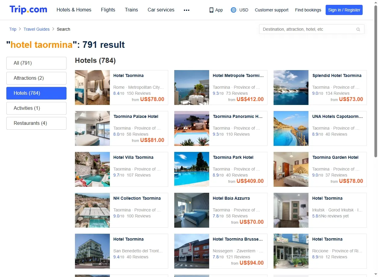 Screenshot di offerte speciali per hotel Taormina