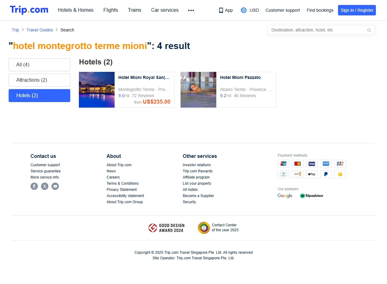 Schermata del sito di prenotazione Trip.com con offerte per l'Hotel Montegrotto Terme Mioni