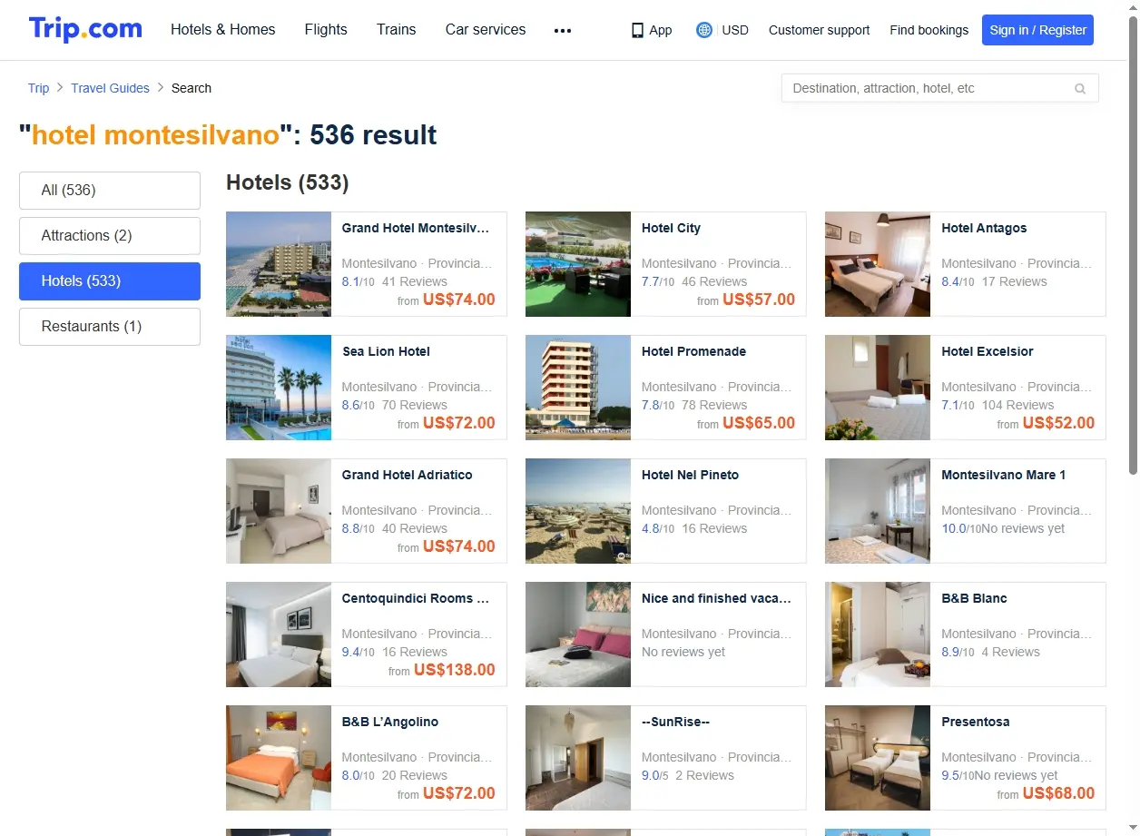 Schermata di ricerca offerte hotel per Montesilvano
