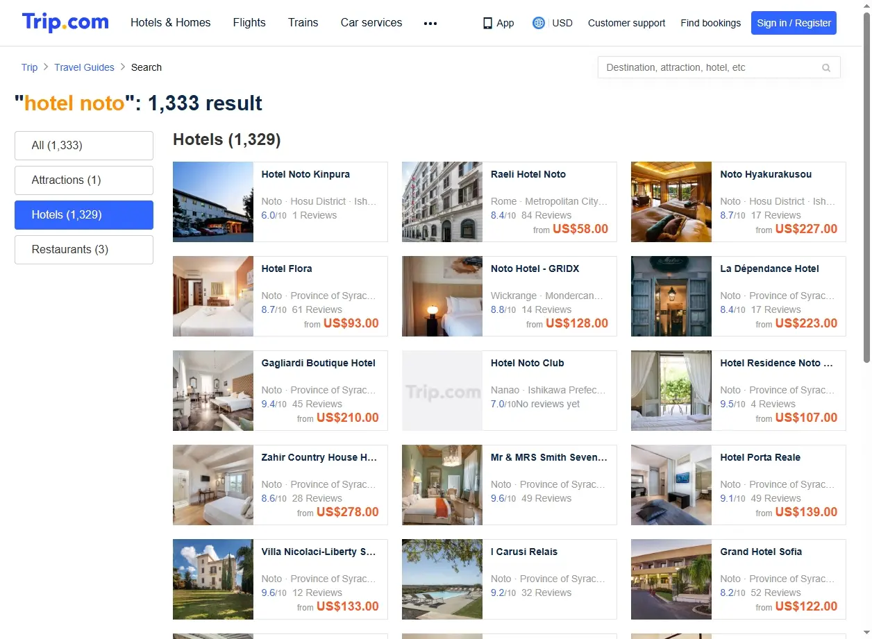 Schermata di un sito di prenotazione che mostra offerte speciali per hotel a Noto.