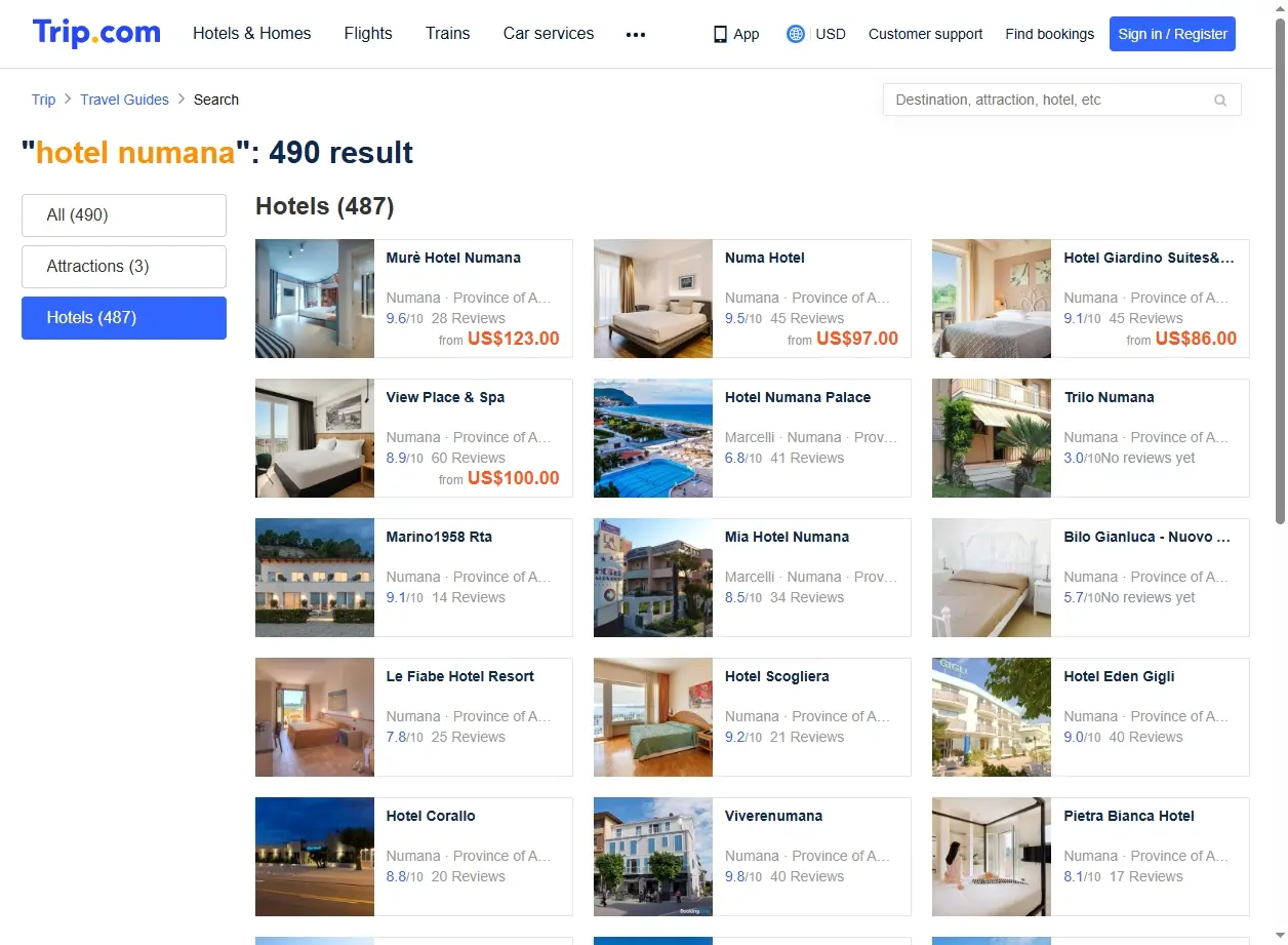 Schermata di offerte hotel su Trip.com