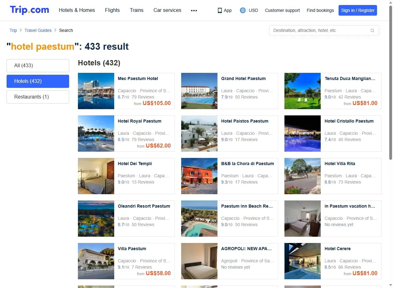 Schermata di Trip.com che mostra offerte speciali per Hotel Paestum