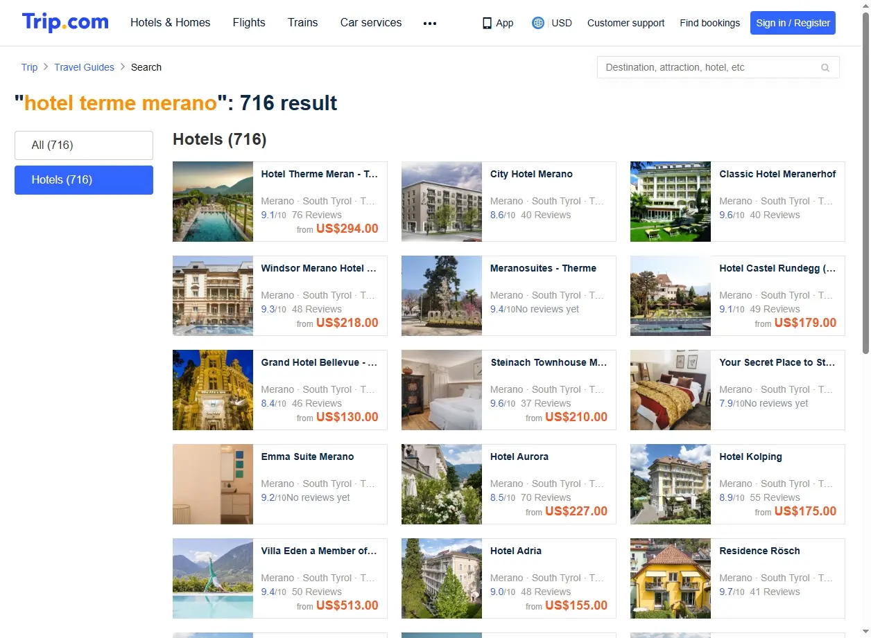 Schermata di ricerca offerte Hotel Terme Merano