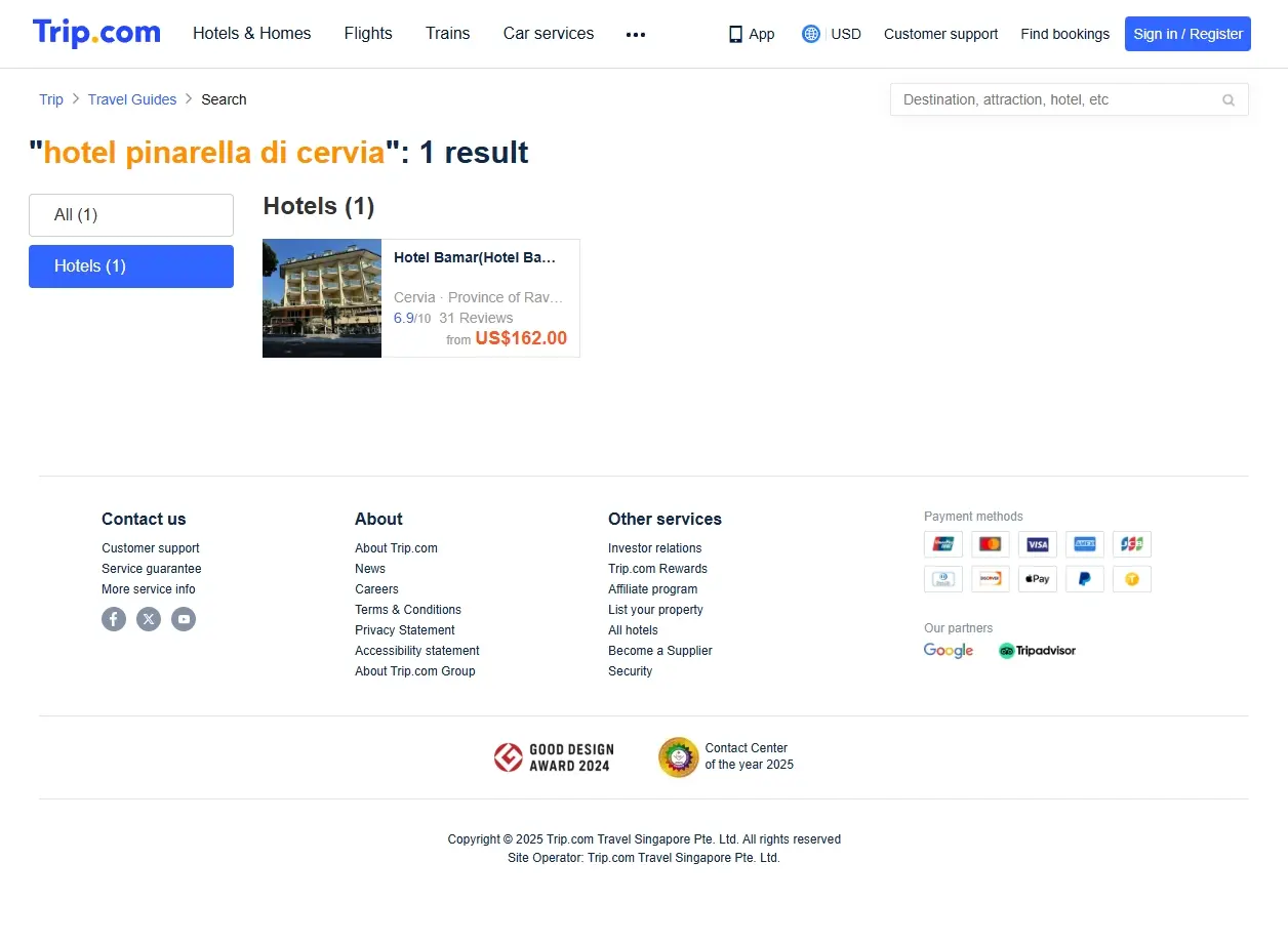 Schermata di ricerca offerte hotel Pinarella di Cervia
