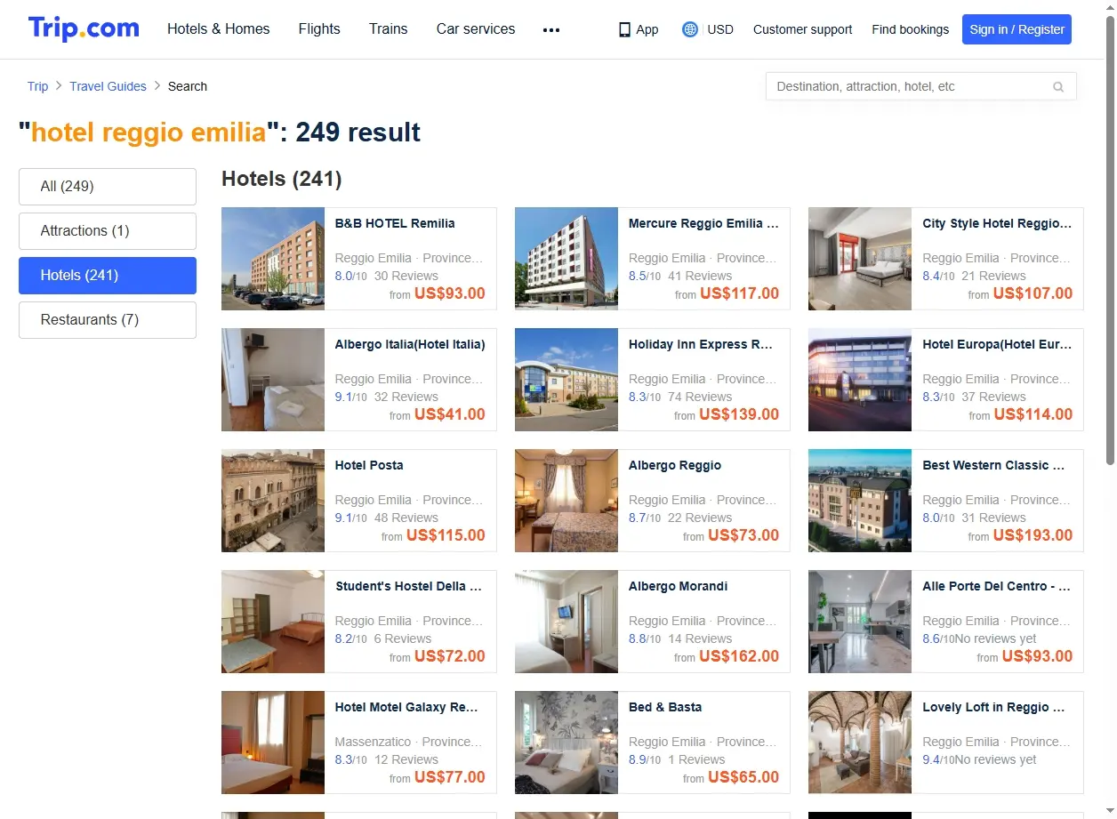 Schermata di ricerca hotel a Reggio Emilia con offerte speciali evidenziate.