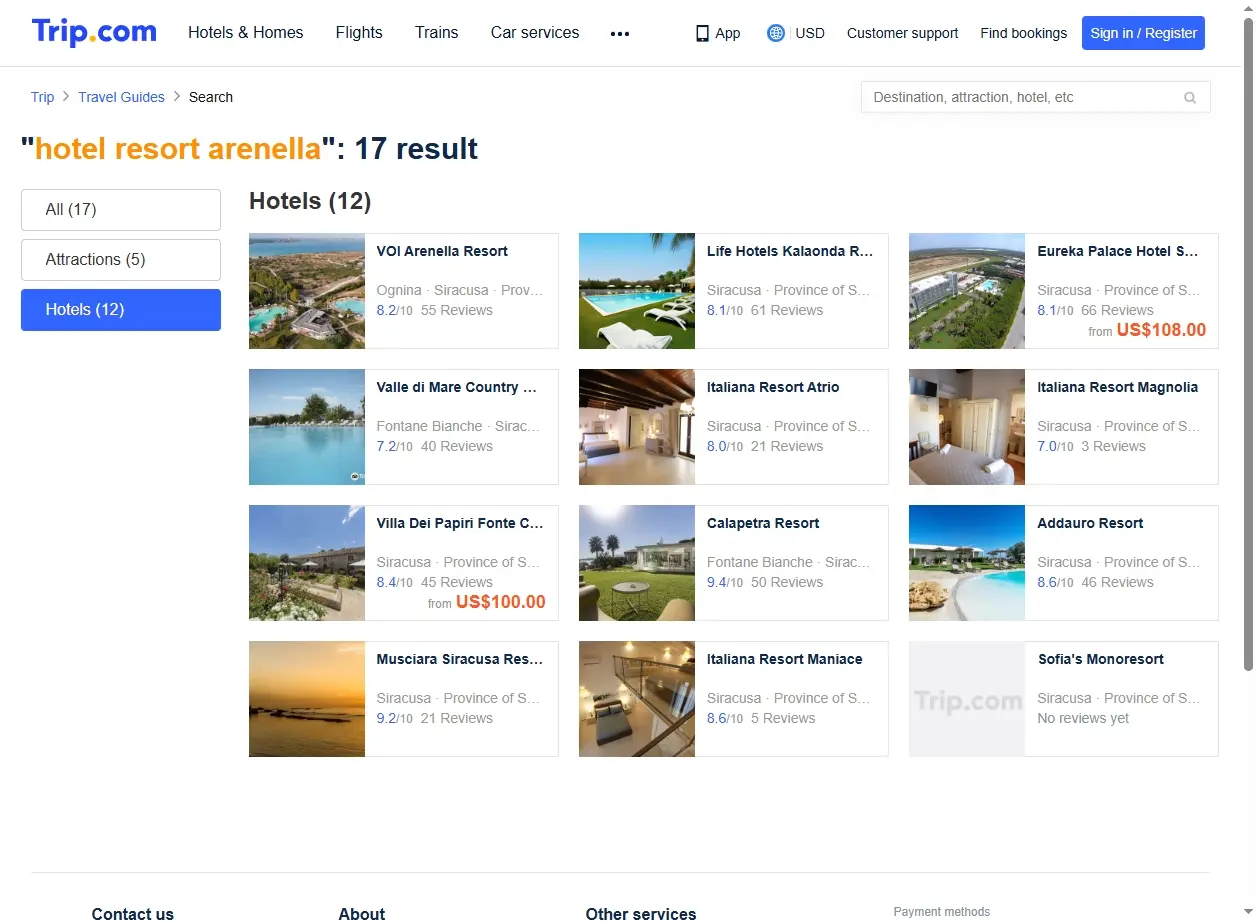 Schermata di ricerca offerte per Hotel Resort Arenella
