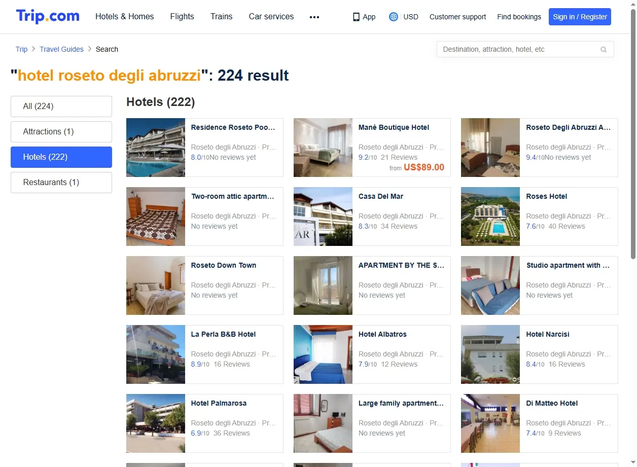 Schermata di offerte hotel Roseto degli Abruzzi