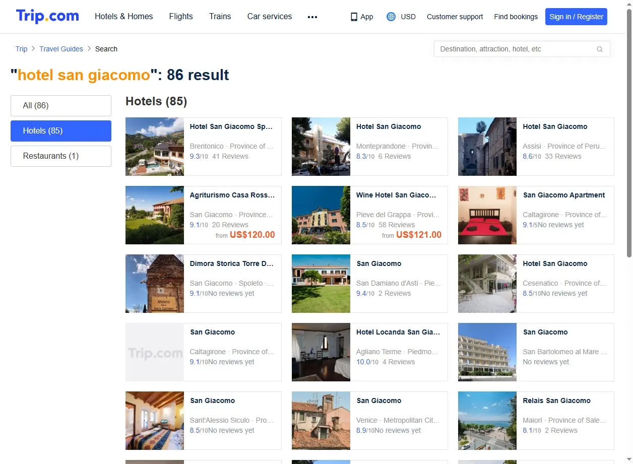Schermata di ricerca offerte Hotel San Giacomo