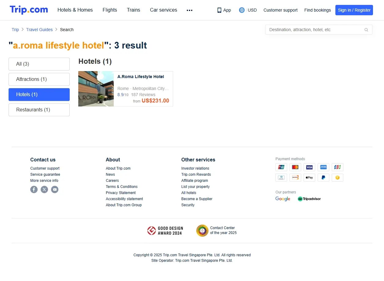 Schermata del sito che mostra offerte per l'a.roma lifestyle hotel