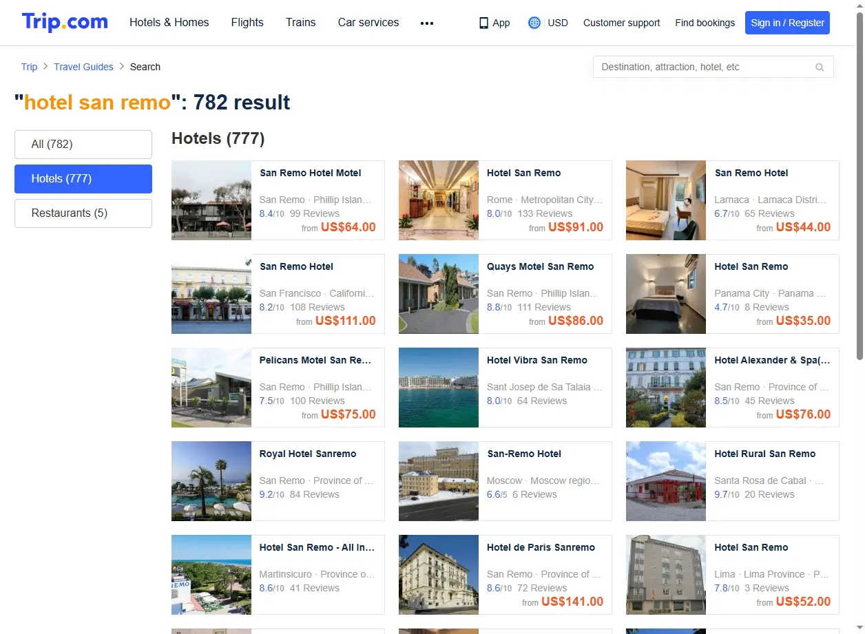 Schermata di offerte speciali per hotel a Sanremo