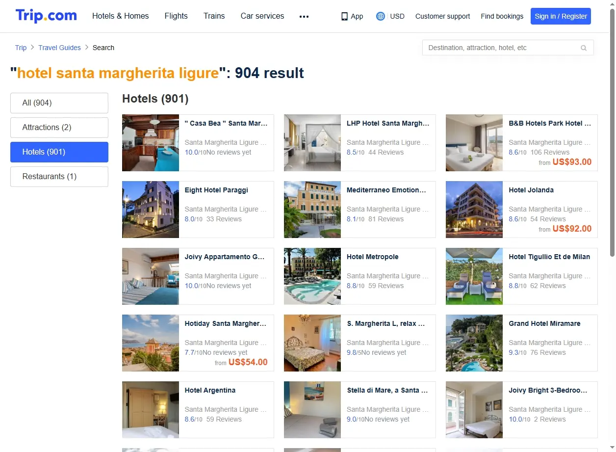 Schermata delle offerte hotel per Santa Margherita Ligure