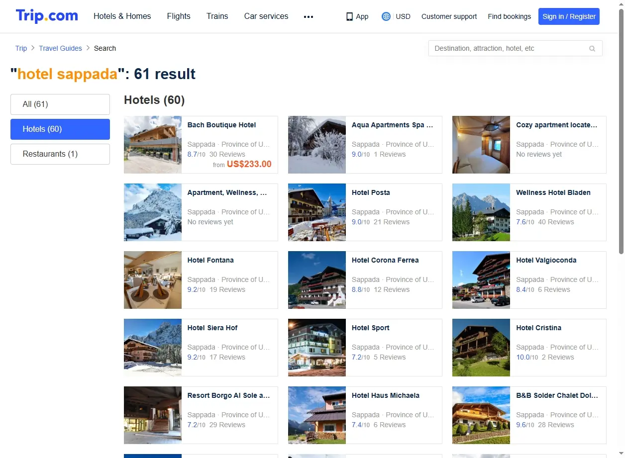 Schermata di offerte speciali per hotel Sappada