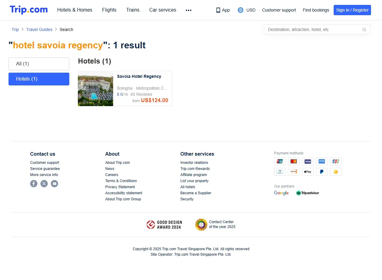 Schermata del sito web di Trip.com con offerte speciali per l'Hotel Savoia Regency
