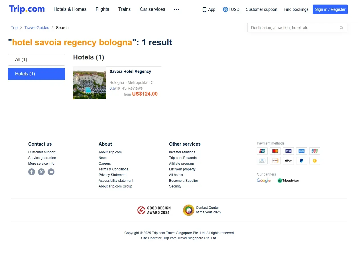 Schermata di offerte per Hotel Savoia Regency Bologna