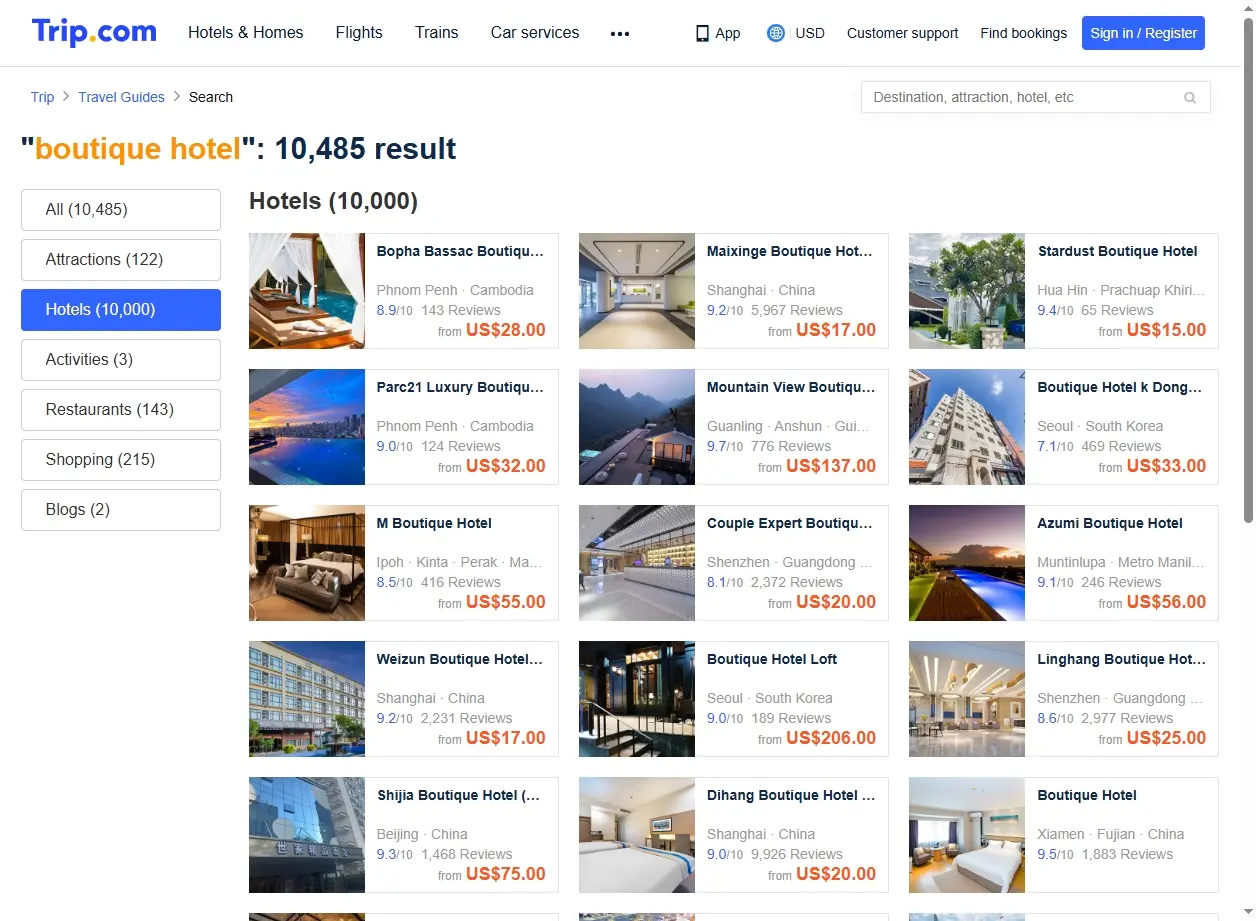 Schermata di ricerca offerte boutique hotel