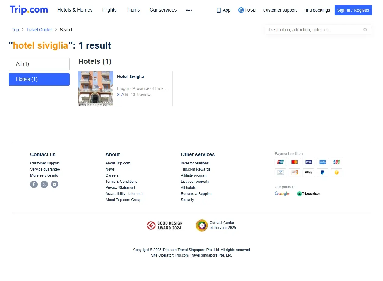 Screenshot di offerte speciali per hotel Siviglia.