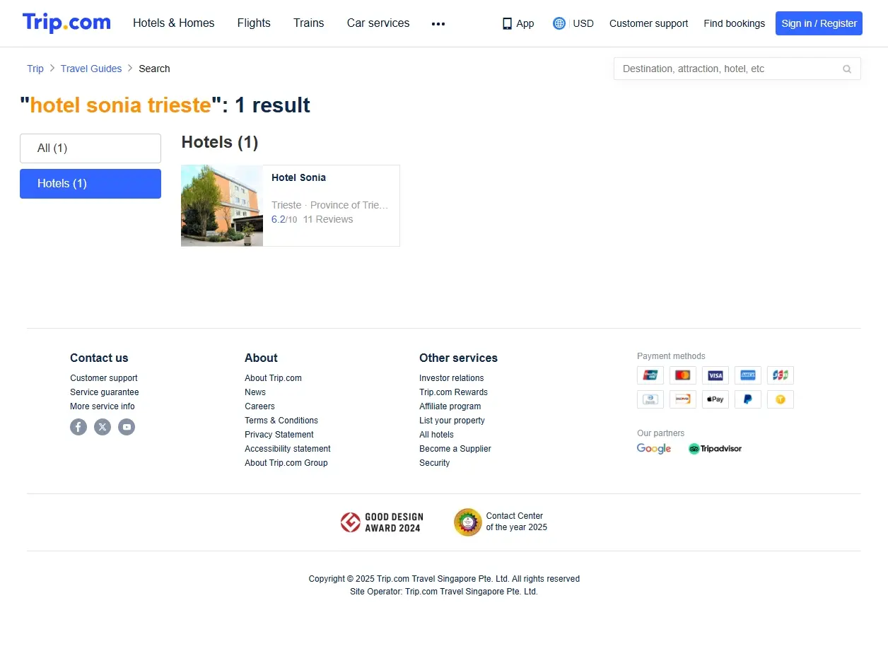 Schermata delle offerte di prenotazione per Hotel Sonia Trieste