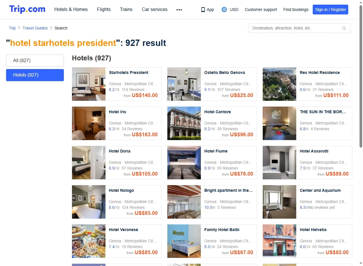 Schermata di ricerca offerte hotel starhotels president