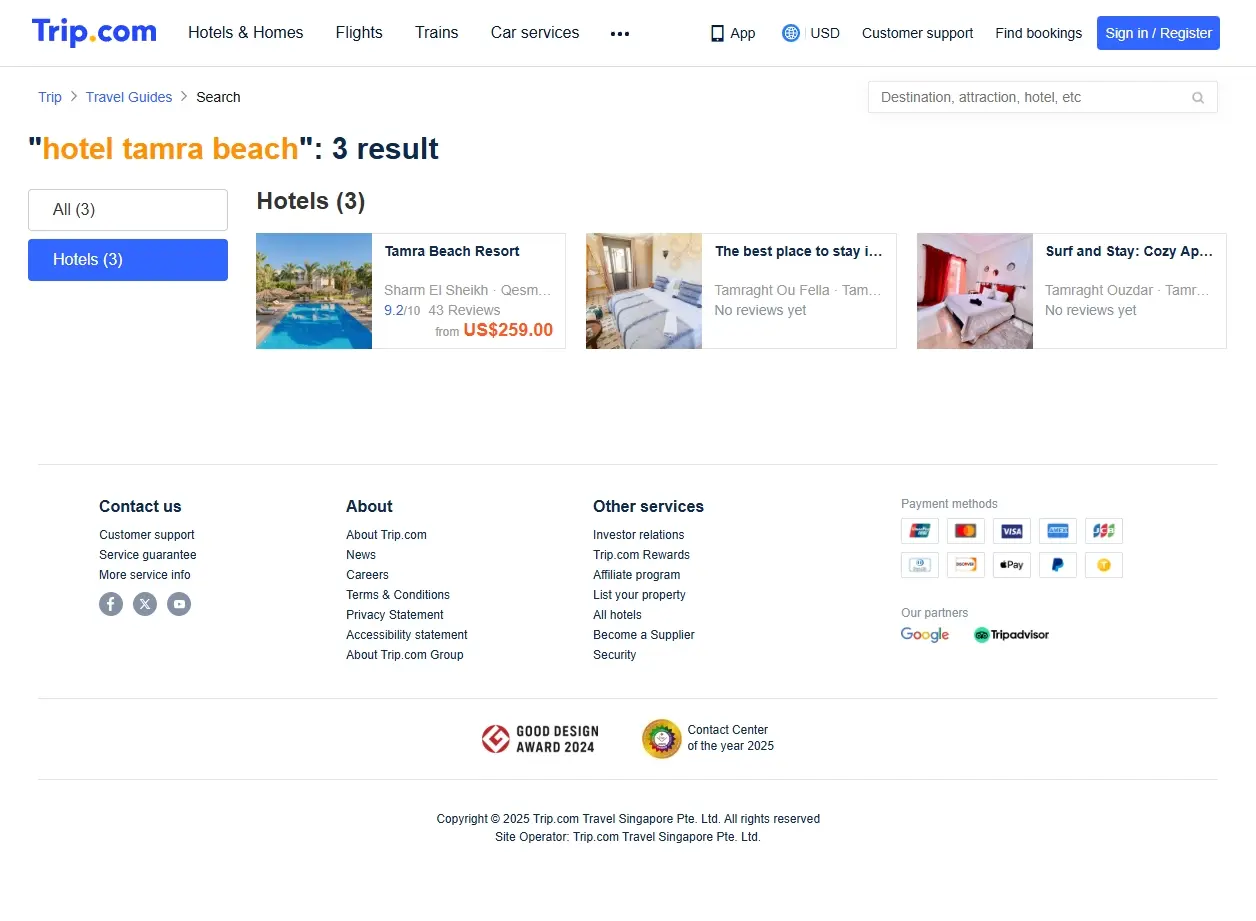 Schermata del sito che mostra offerte per l'Hotel Tamra Beach
