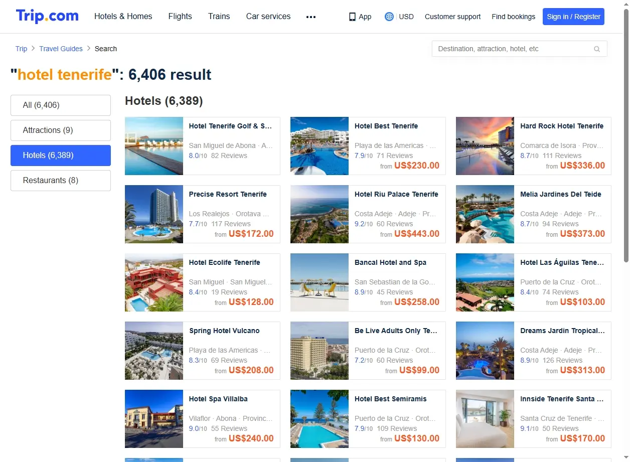 Schermata di offerte hotel Tenerife