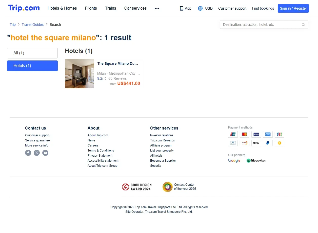 Schermata di offerte per Hotel The Square Milano