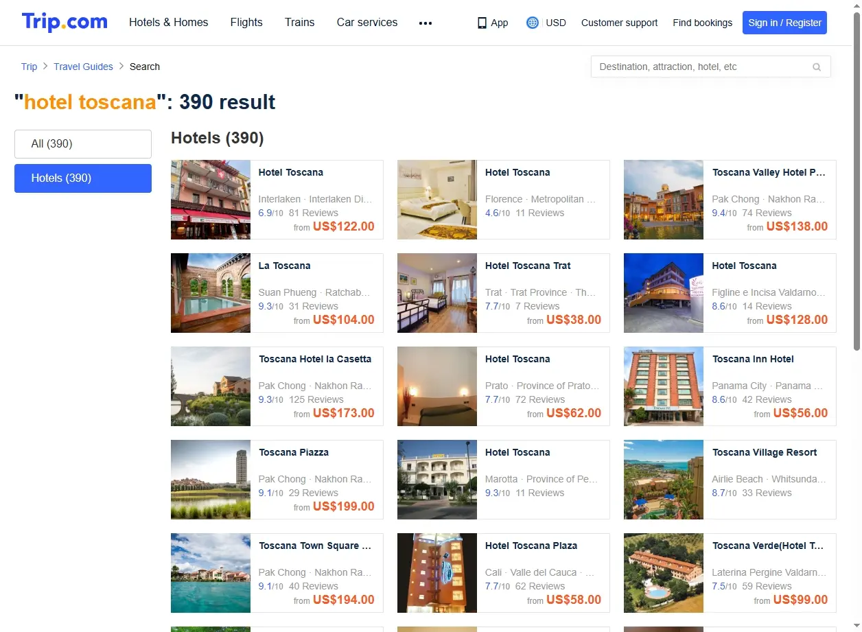 Schermata del sito web di Trip.com che mostra offerte di hotel in Toscana