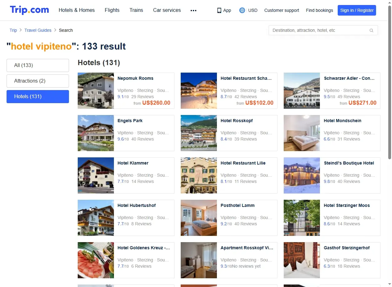 Schermata di ricerca offerte hotel Vipiteno
